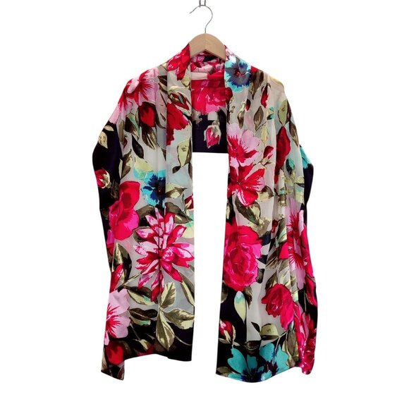 Scarf Floral Pink Blue XIIX SilkLike 72"x20" Rectangle Roses Dahlia Heads Garden - Picture 3 of 10